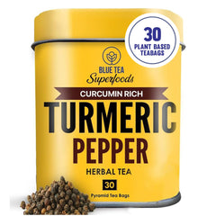 BLUE TEA tin pack front view showing branding and tidy 30-bag benefit