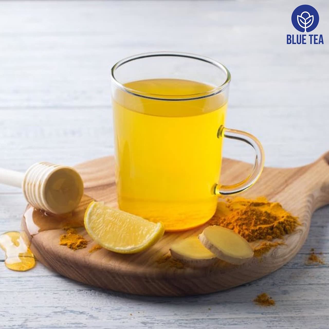BLUE TEA ingredient spread with turmeric and pepper showing clean sourcing benefit