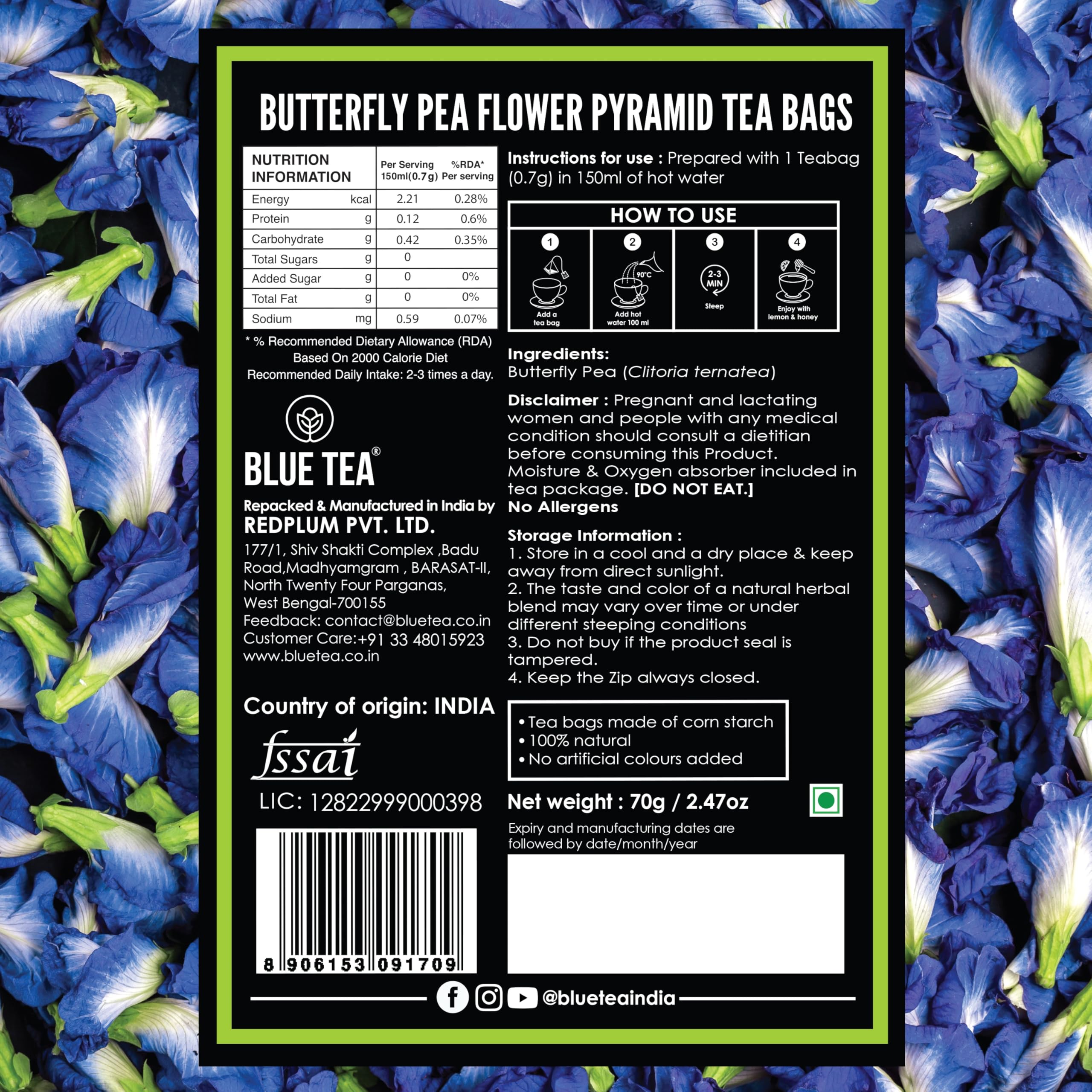 BLUE TEA product label close-up showing sourcing and sustainability notes