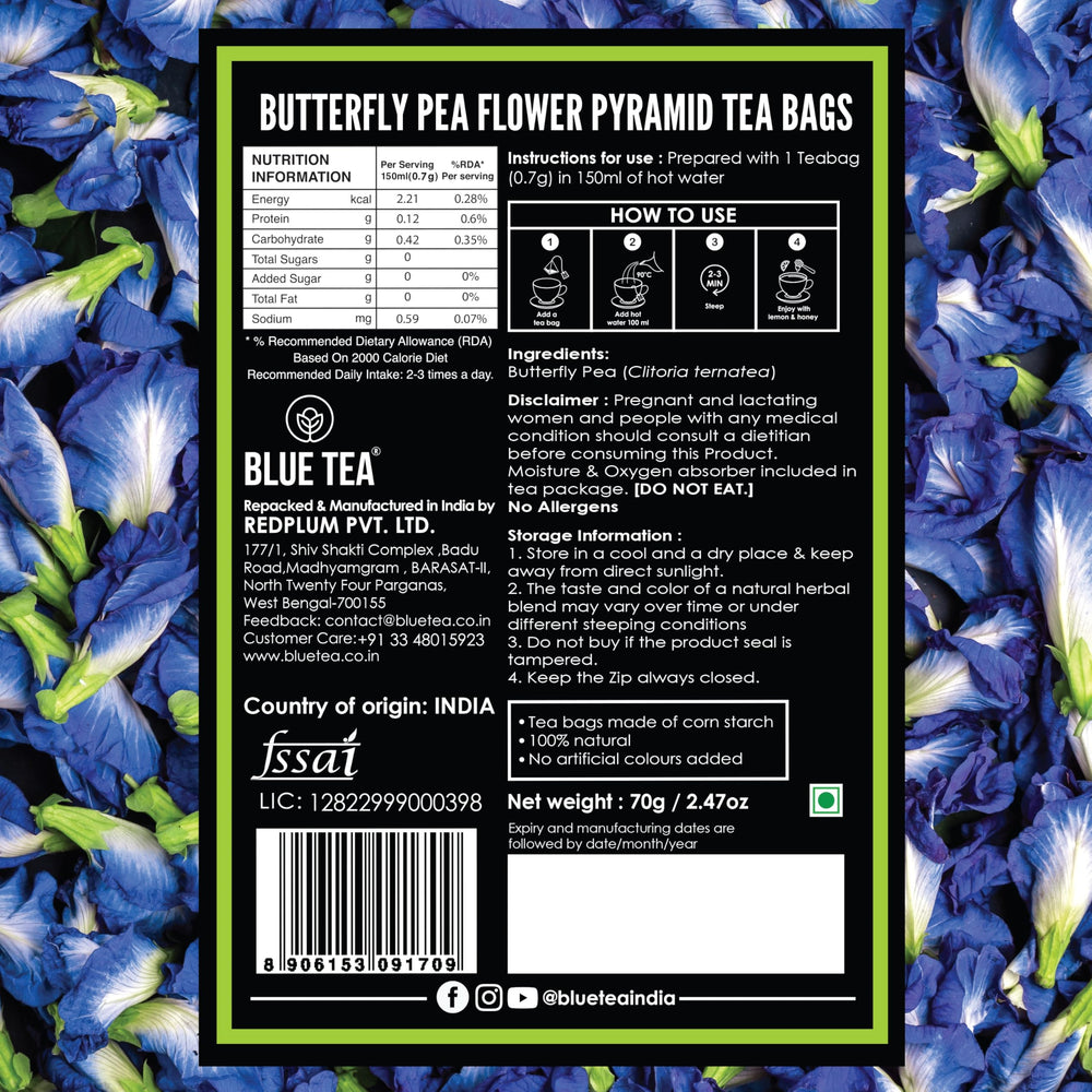 BLUE TEA product label close-up showing sourcing and sustainability notes