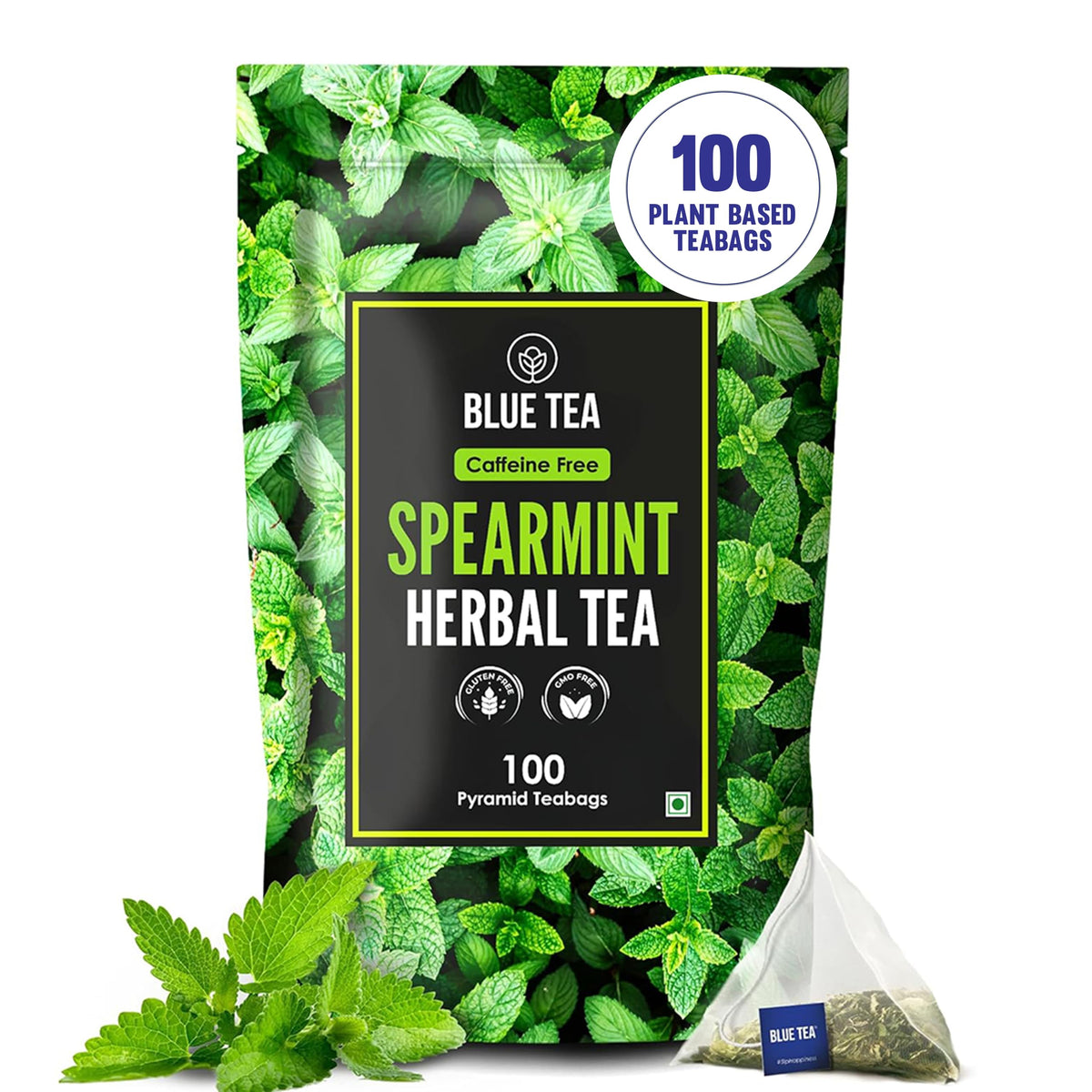 BLUE TEA front packaging showing 100-count pouch and freshness seal benefit