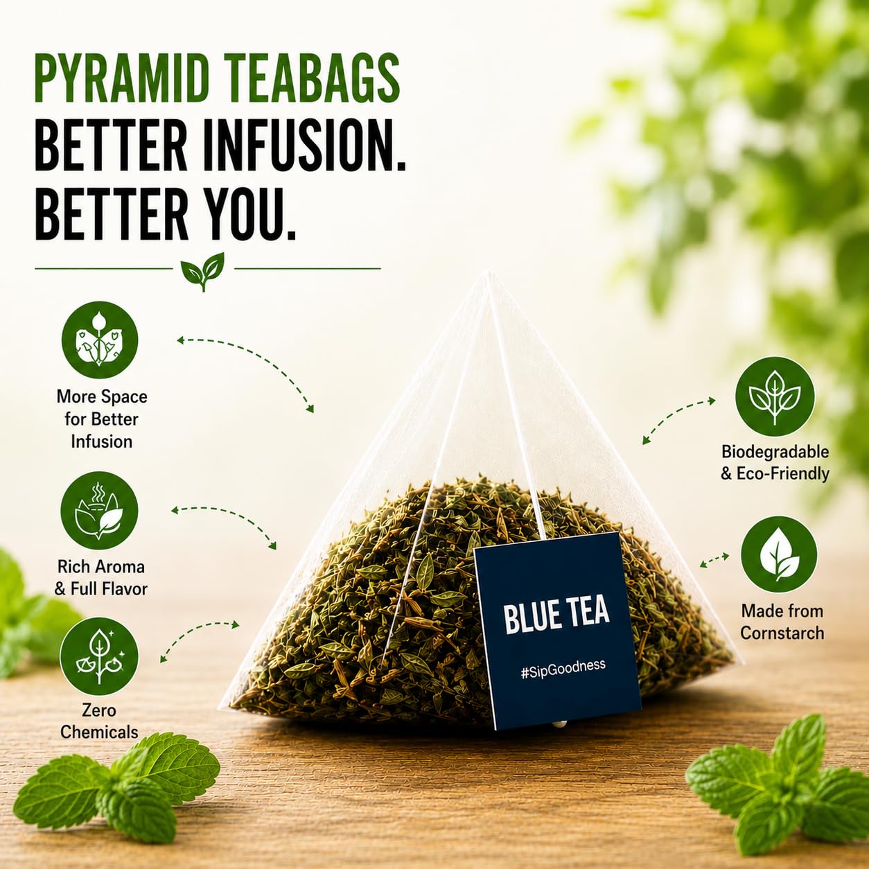BLUE TEA loose spearmint leaves texture highlighting natural ingredient benefit