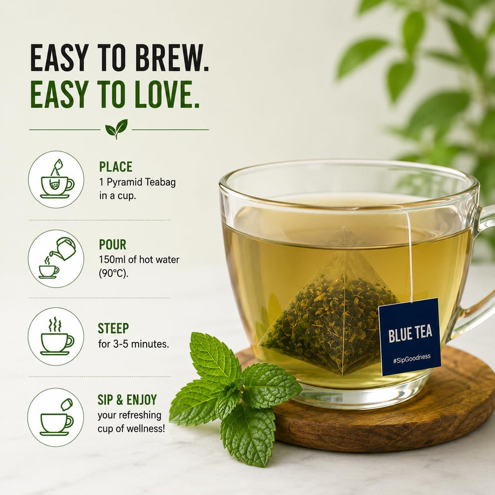 BLUE TEA biodegradable teabag material detail emphasizing eco-friendly benefit