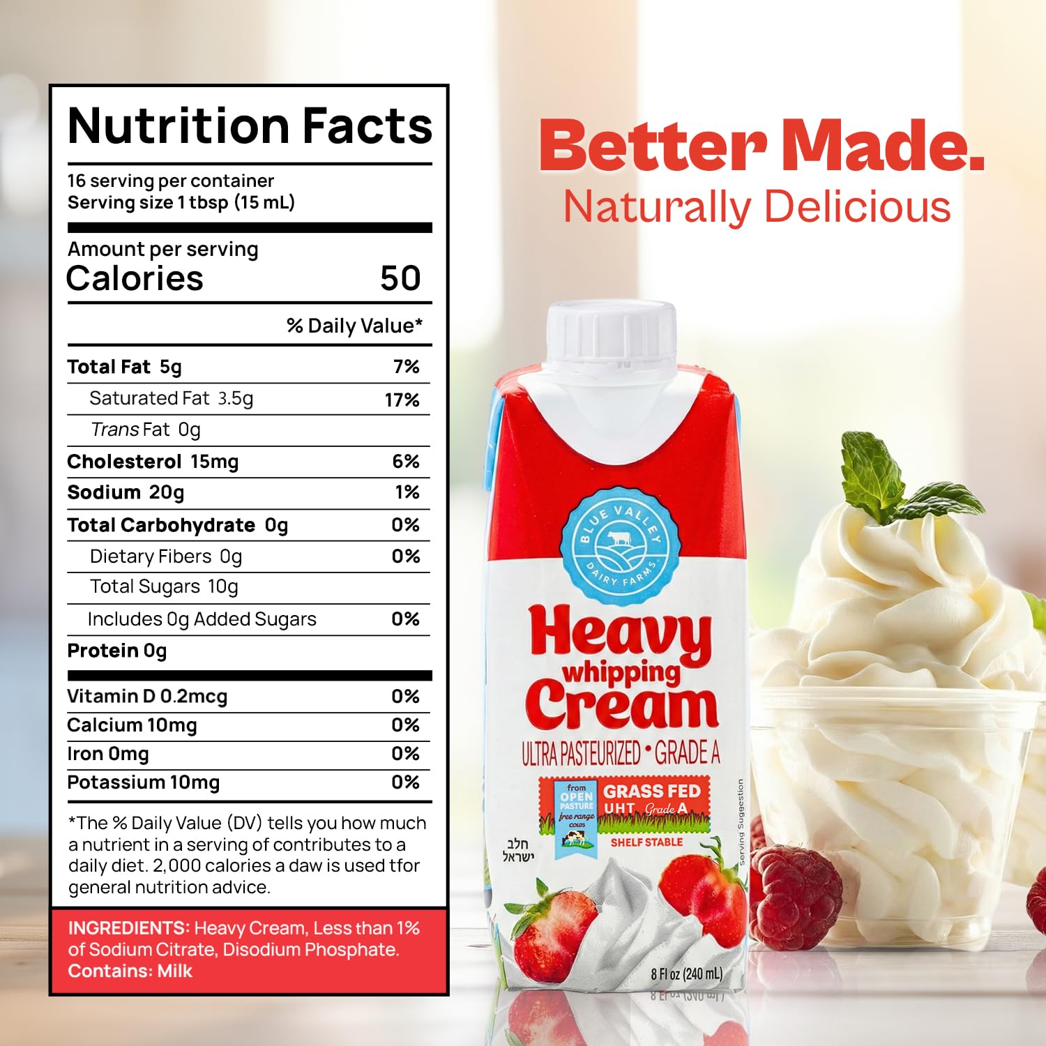 Blue Valley cream pouring from open carton to show easy use
