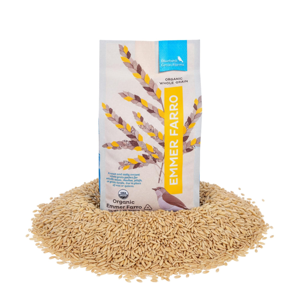Bluebird Grain Farms front packaging showing organic 5 lb bag and branding benefit