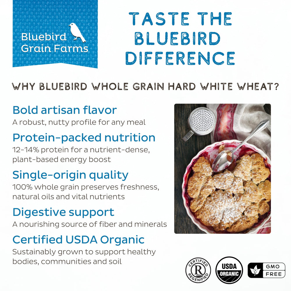 Bluebird Grain Farms wheat berries on a wooden spoon showing portion size
