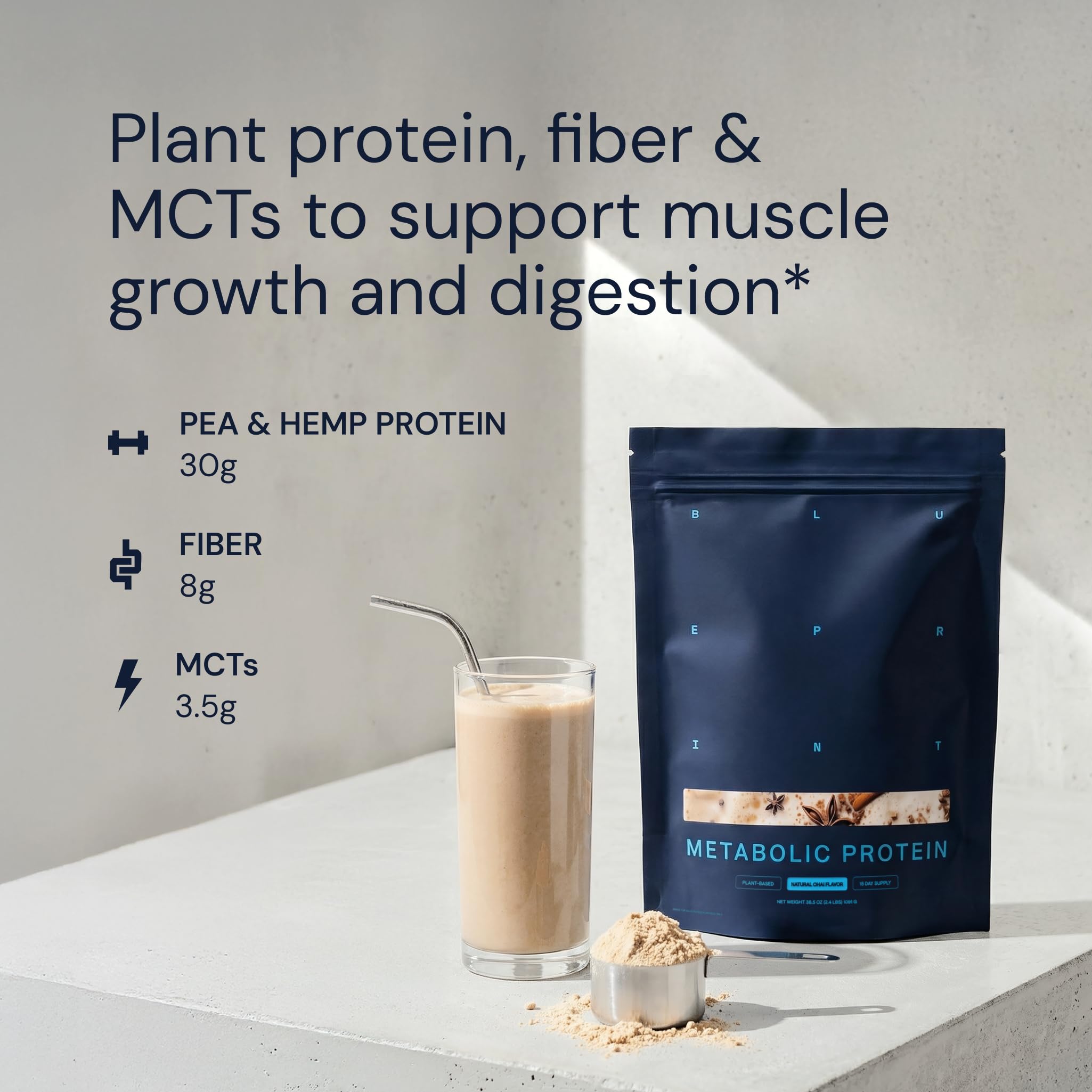 Blueprint Bryan Johnson mixed chai shake in glass for post-workout benefit