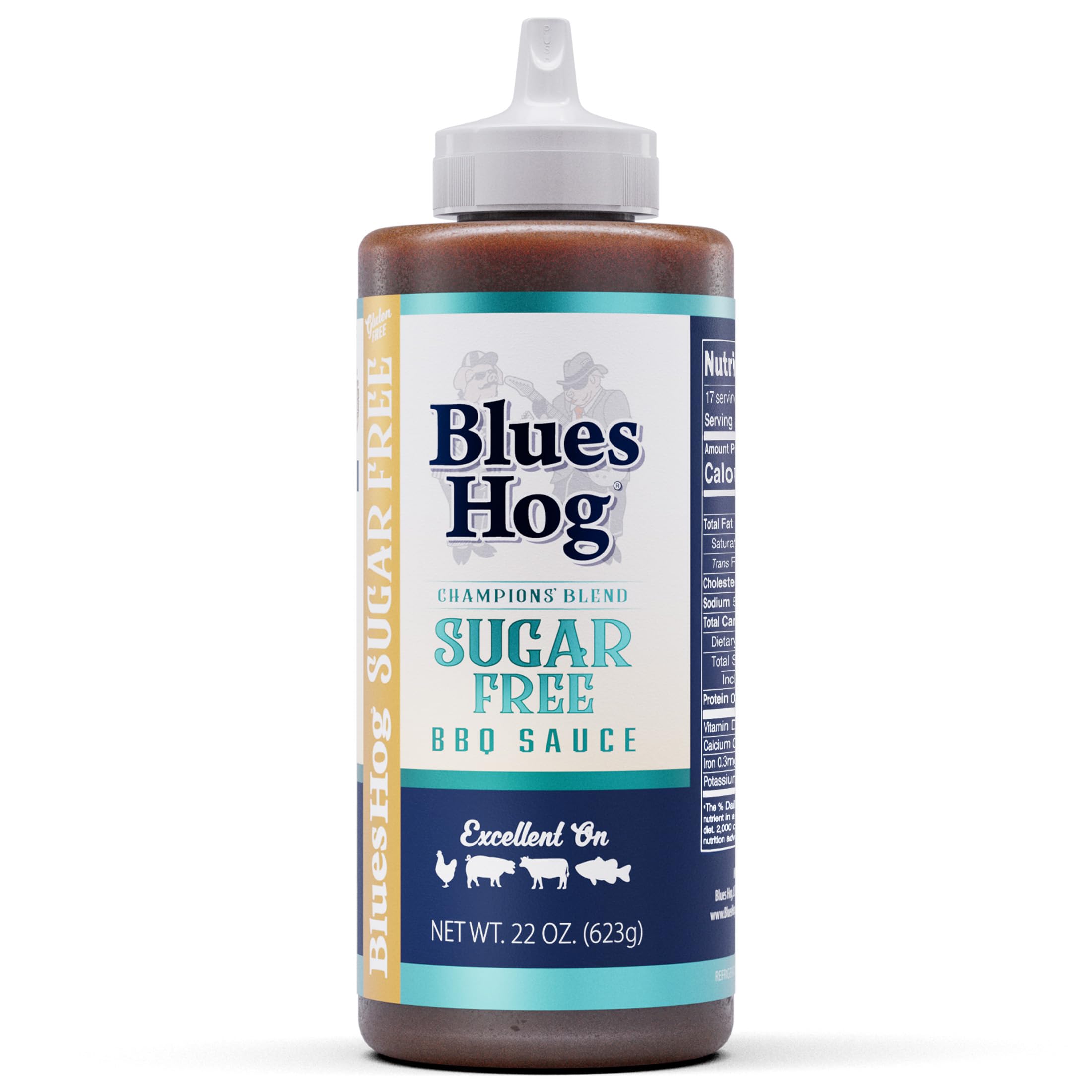 Blues Hog bottle front view showing label and 22oz size benefit