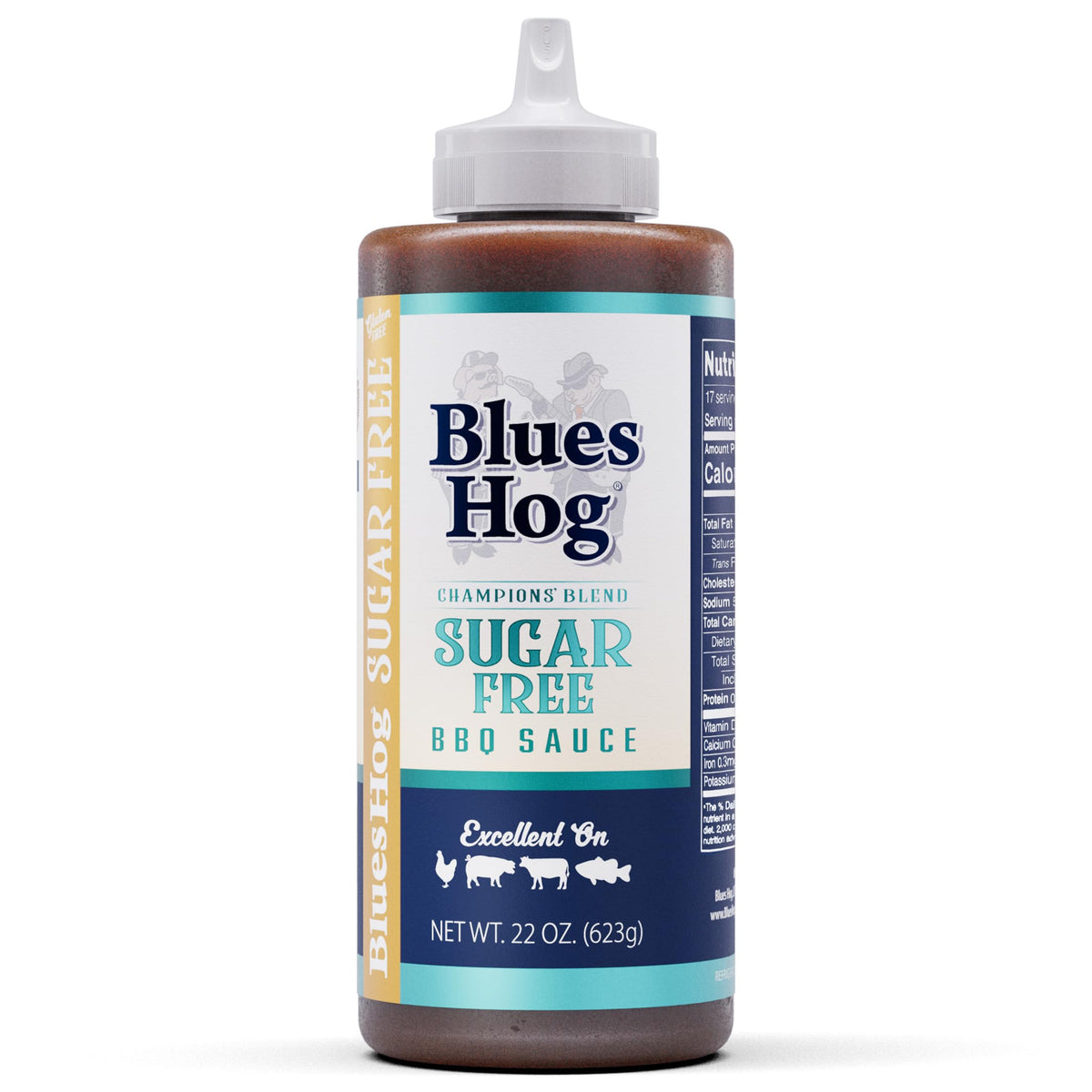 Blues Hog bottle front view showing label and 22oz size benefit