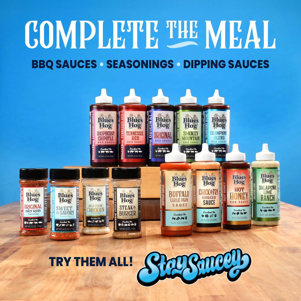 Blues Hog bottle beside grilled skewers showing ideal glaze usage