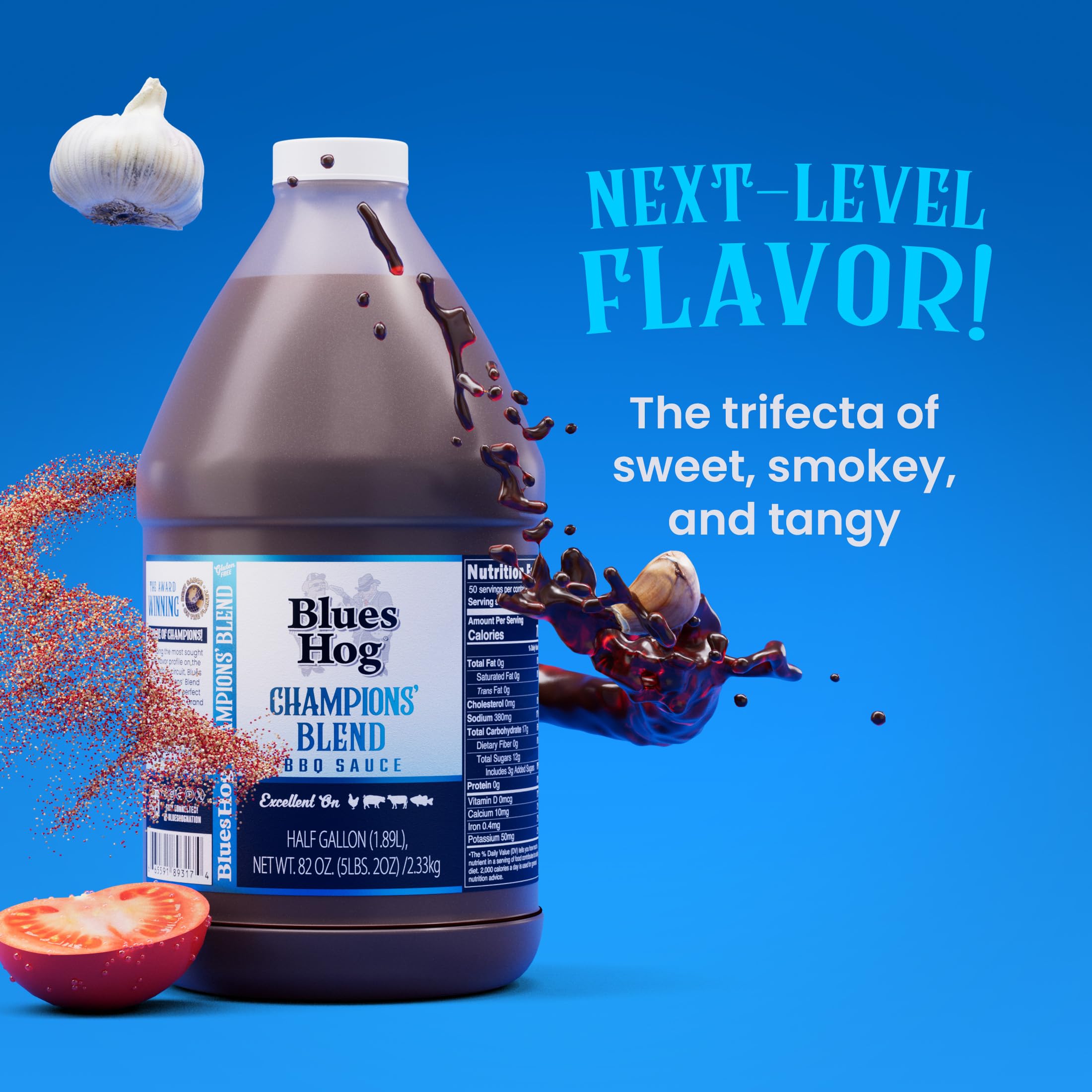 Blues Hog sauce pouring from bottle showing thick texture and glossy sheen for superior glazing