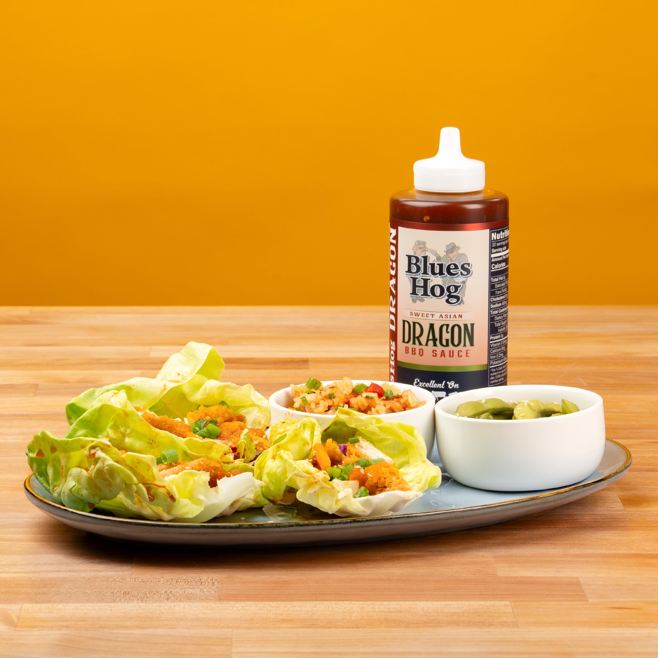 Blues Hog label close-up highlighting teriyaki and garlic flavor profile