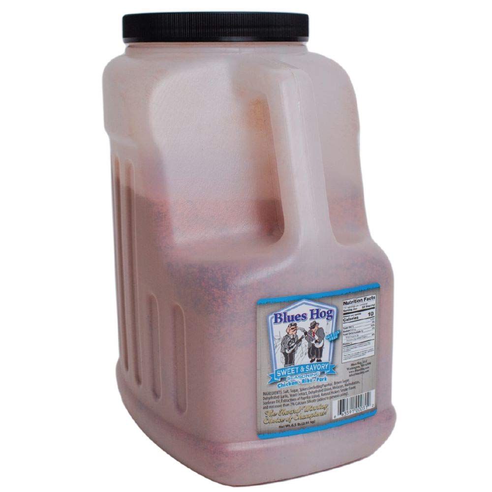 Blues Hog front packaging showing 6.5 lb tub and clear label for versatile sweet heat flavor