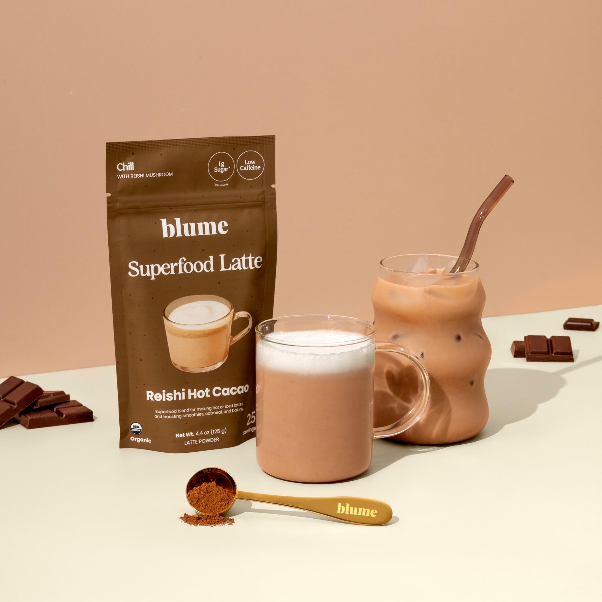 Blume latte on kitchen counter in lifestyle scene, portrays wholesome everyday routine
