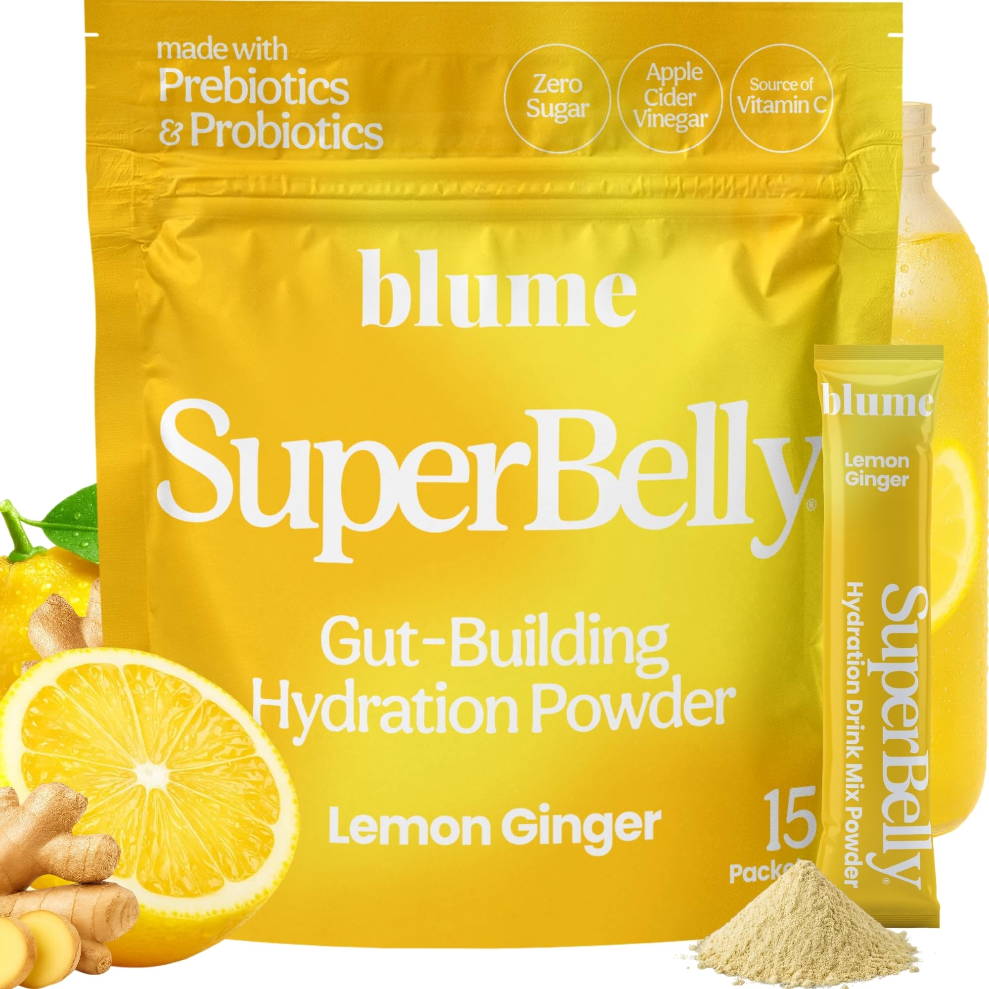 Blume front packaging showing 15 sticks and lemon ginger flavor for daily gut support