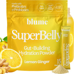 Blume front packaging showing 15 sticks and lemon ginger flavor for daily gut support