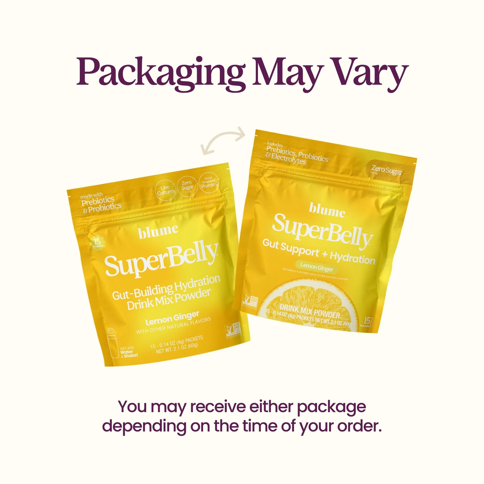 Back label of Blume SuperBelly displaying nutrition facts for ingredient transparency