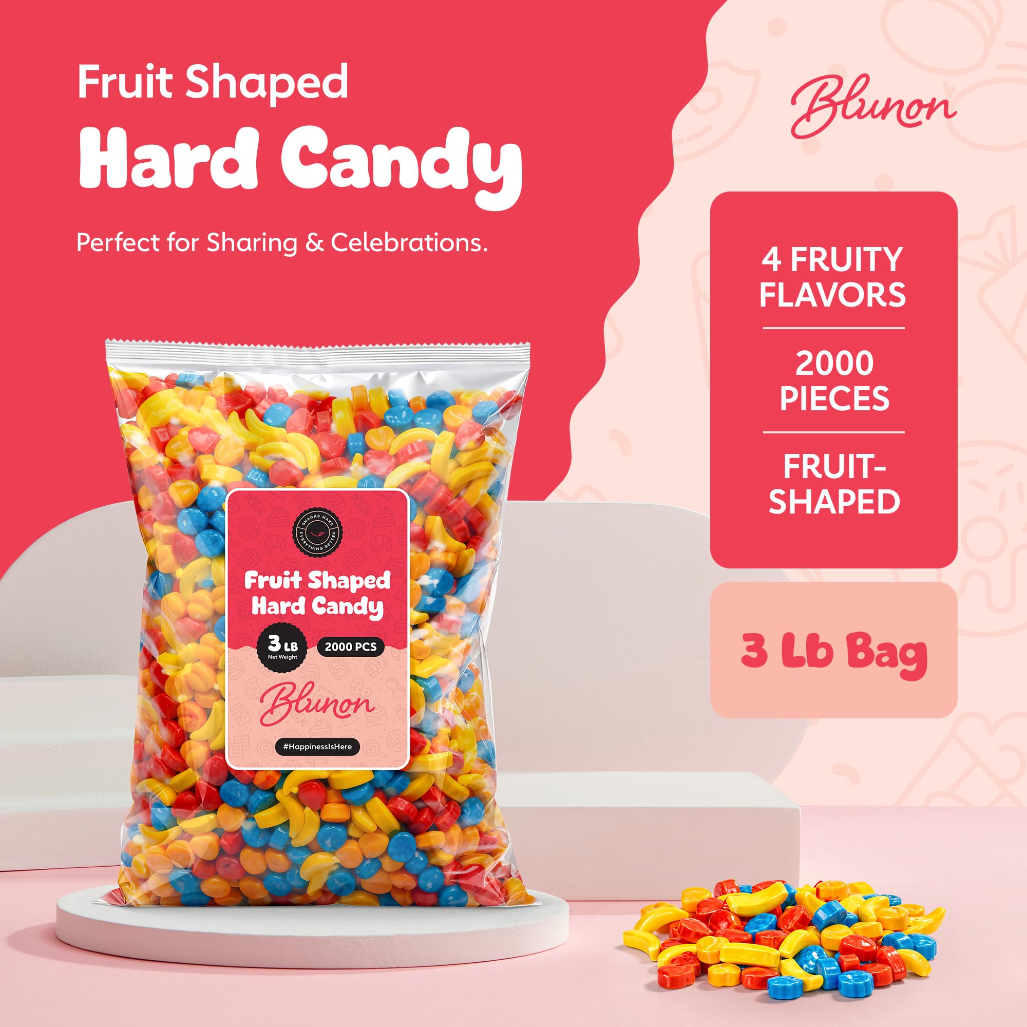 Blunon candies spread display colorful fruit shapes for event appeal