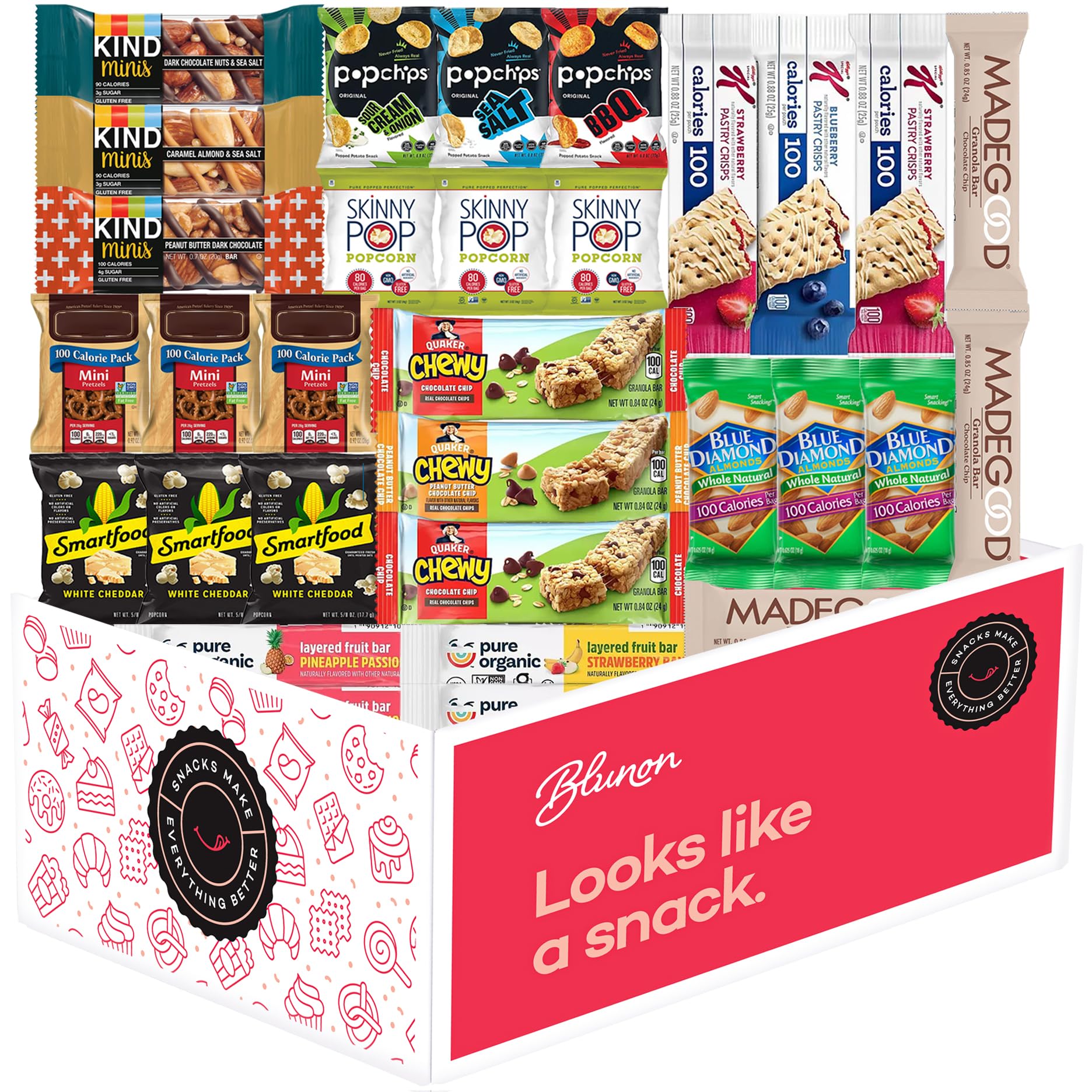 Blunon close-up of individual snack packs highlighting brand variety and grab-and-go convenience