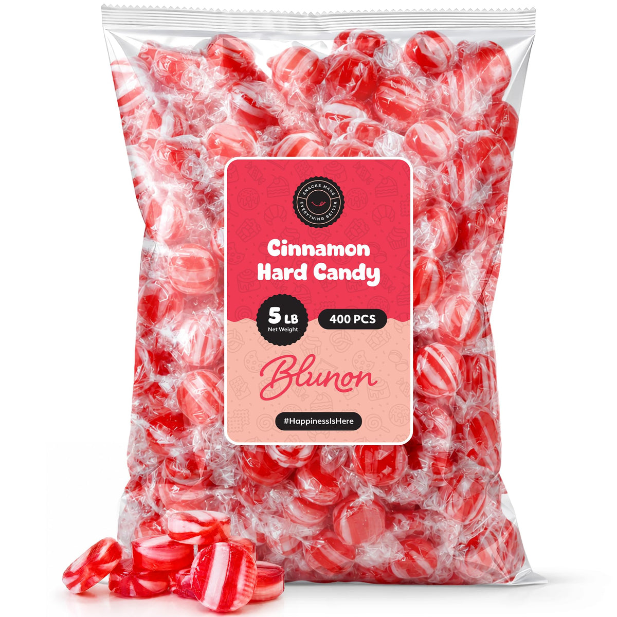 Blunon front packaging showing cinnamon discs and 5 lb bulk value, great for events