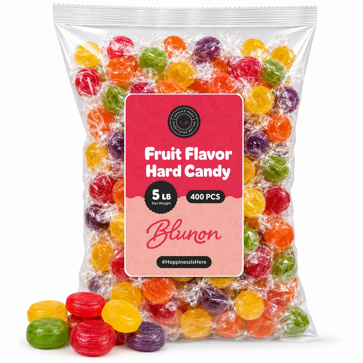 Blunon front packaging showing resealable 5 lb bag and assorted fruit flavors for sharing
