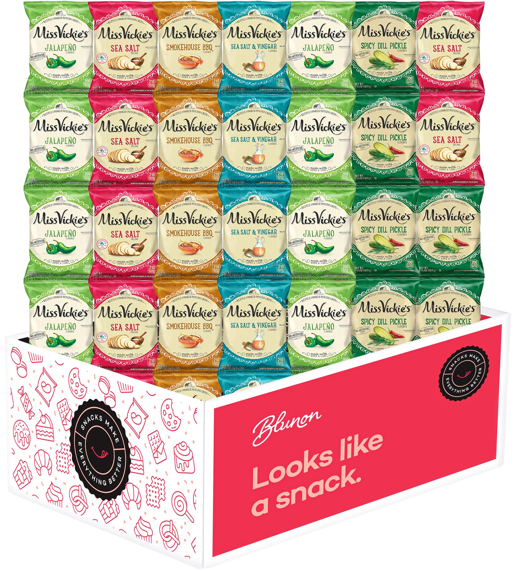 Blunon Miss Vickies single-serve bag closeup highlighting label and sealed freshness