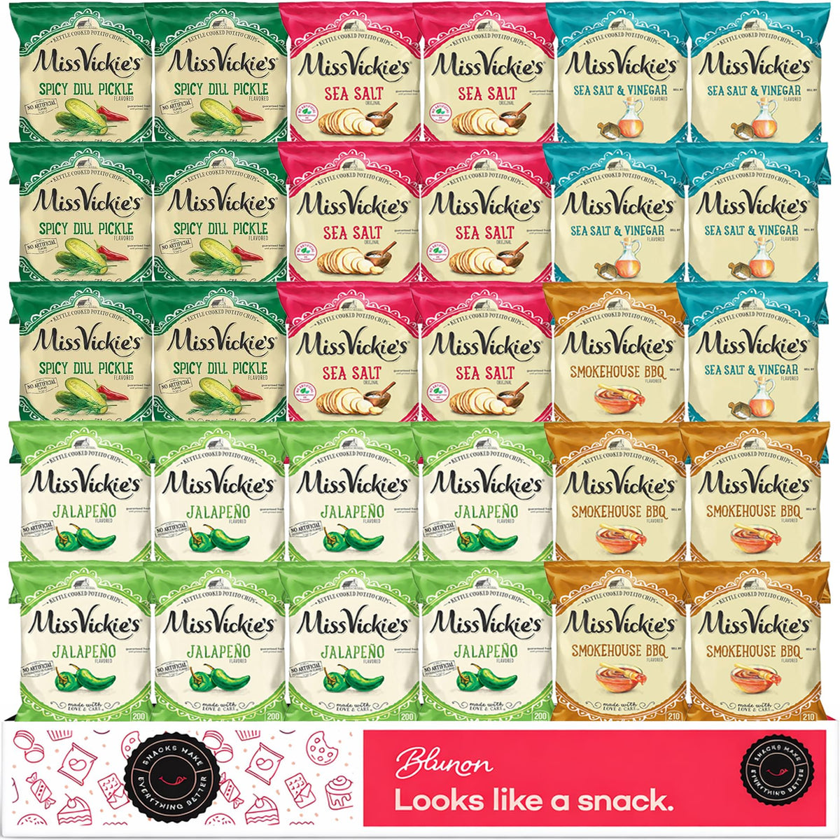 Blunon Miss Vickies front box showing 30-count pack and flavor mix, clarity for shoppers