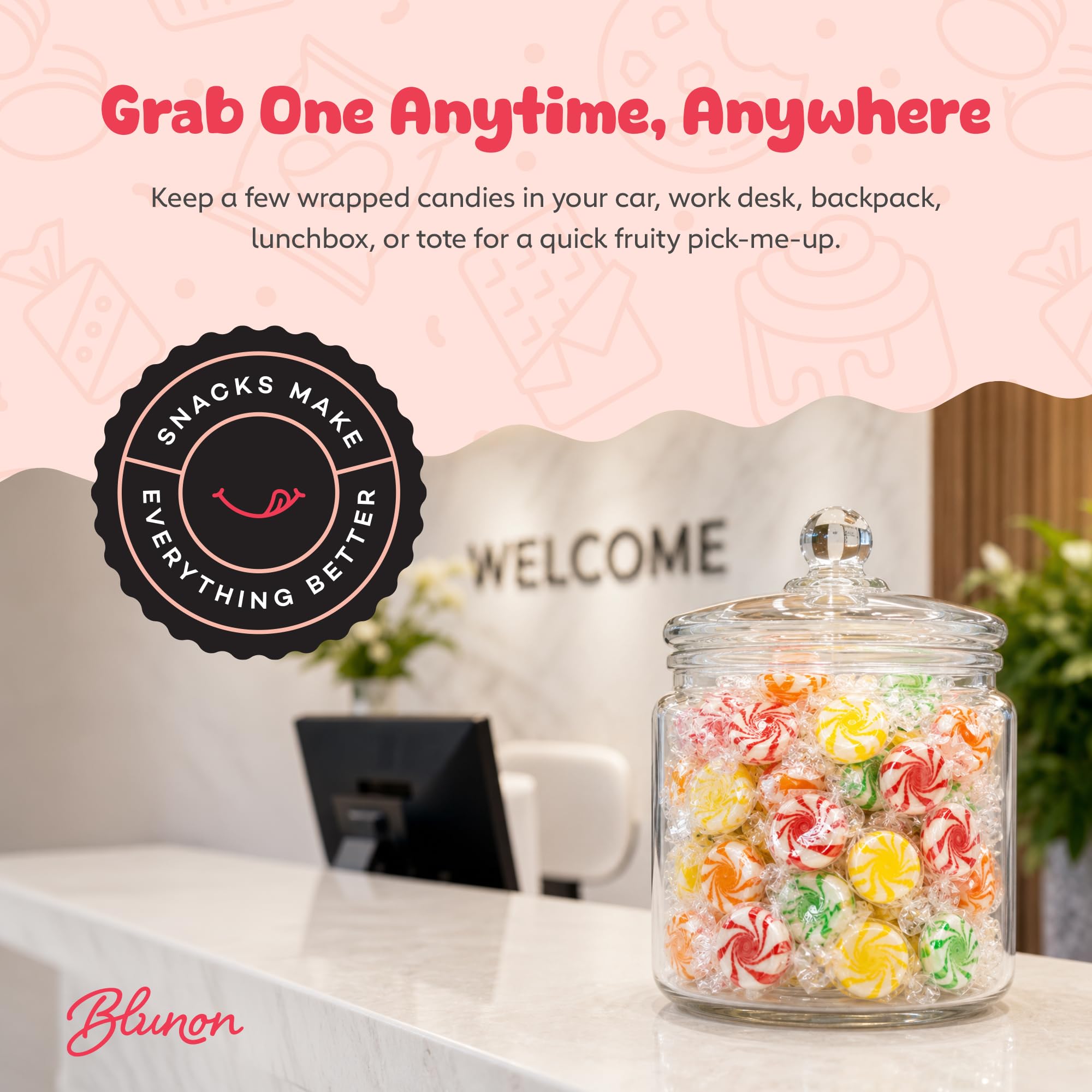 Blunon candy beside coin size comparison confirming portable, bite-sized pieces
