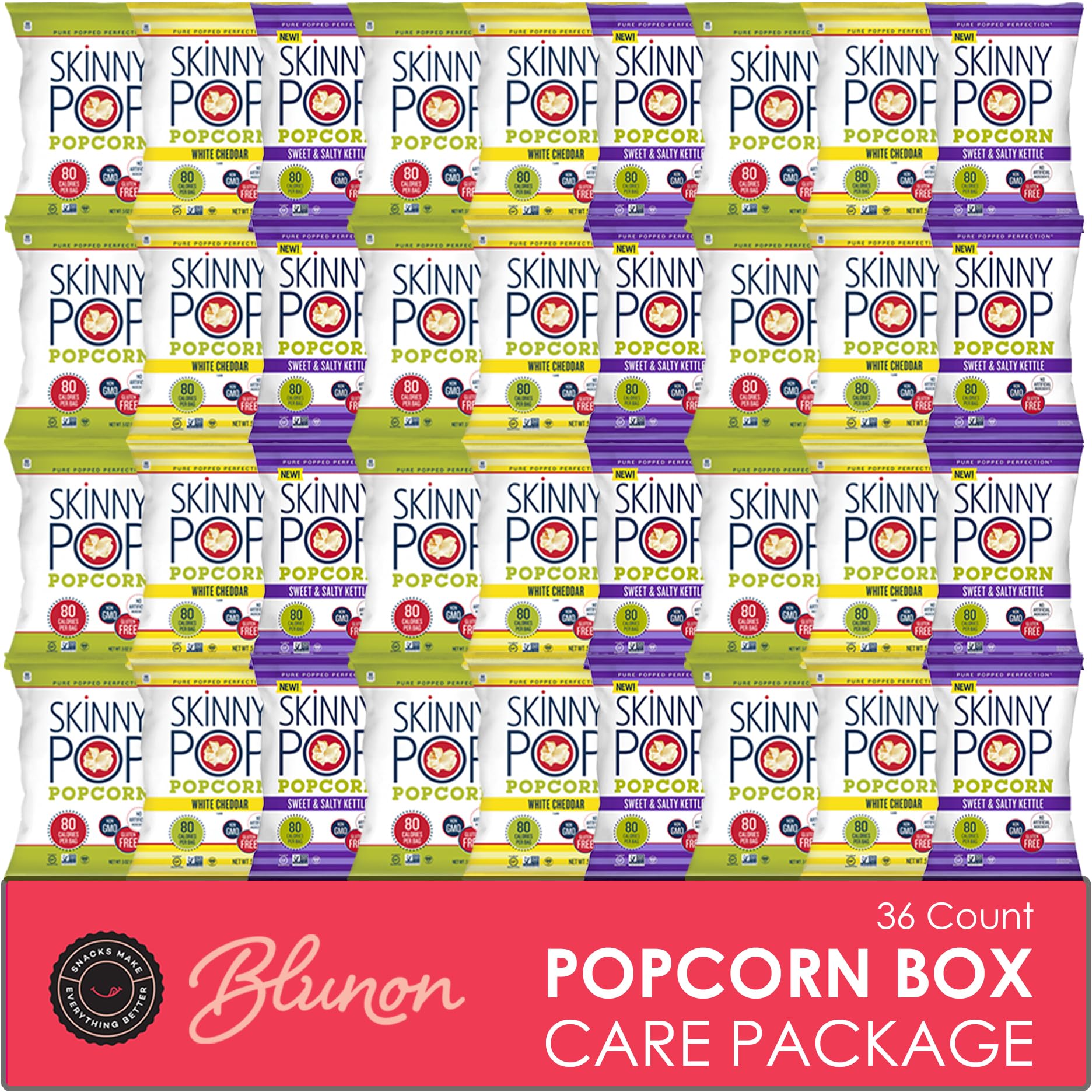 Blunon Skinny Pop front packaging showing variety pack and easy grab-and-go benefit