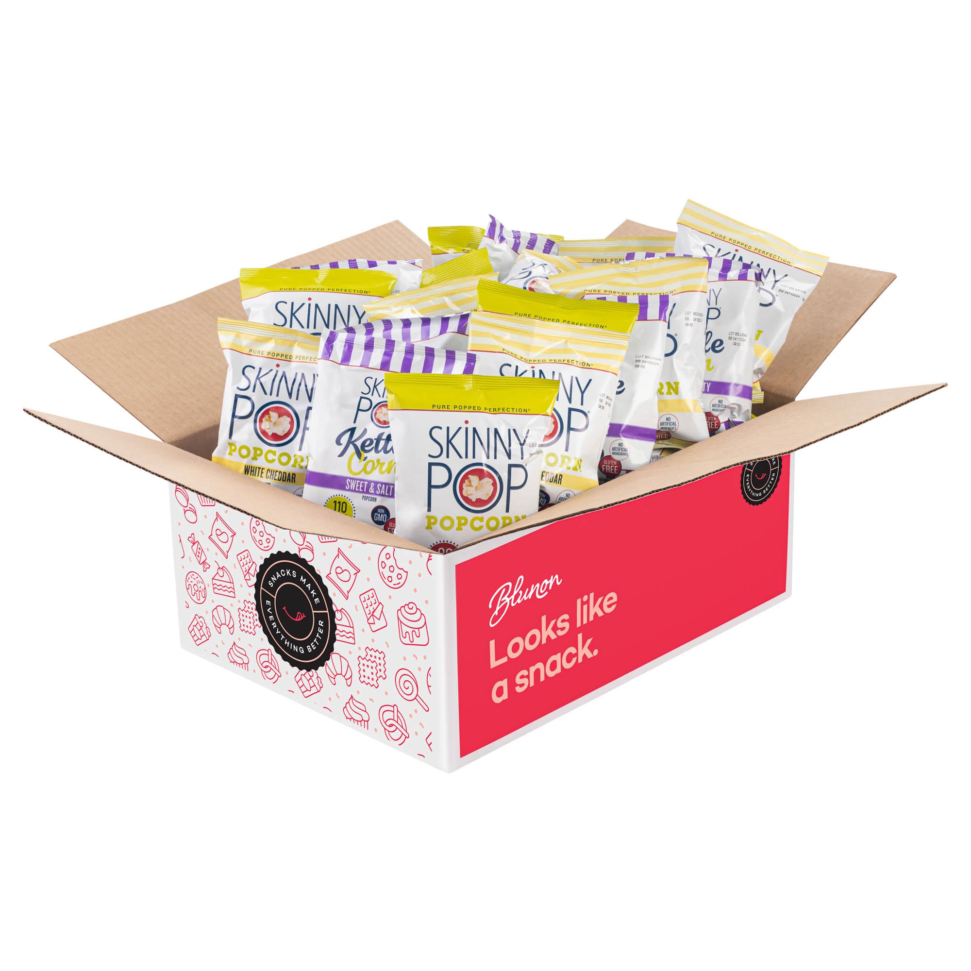 Blunon Skinny Pop assortment laid out showing three flavors for choice and convenience