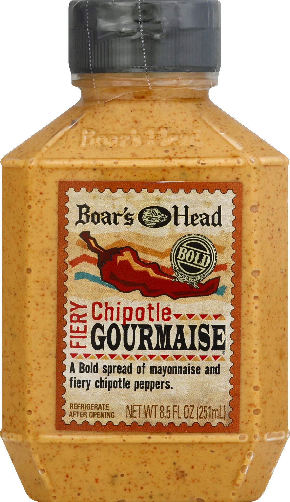 Boar's Head chipotle gourmaise front bottle showing label and convenient squeeze cap, adds smoky flavor