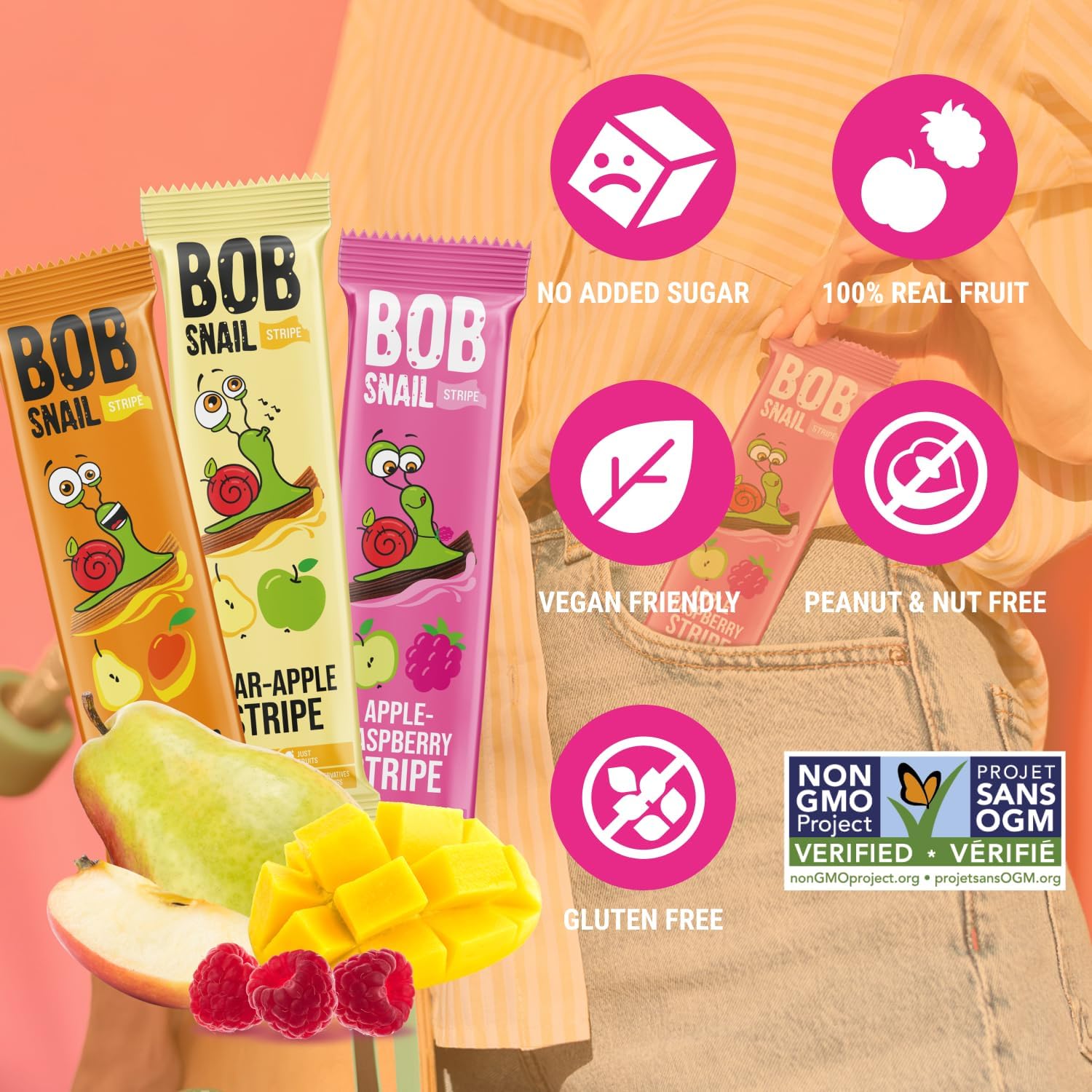Bob Snail apple-raspberry strip close-up highlighting texture and natural fruit benefit
