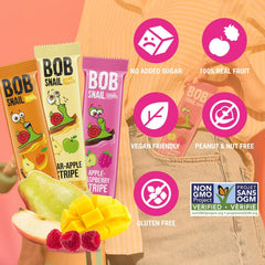 Bob Snail apple-raspberry strip close-up highlighting texture and natural fruit benefit