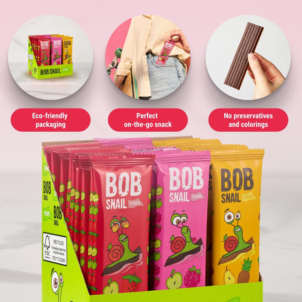 Bob Snail apple strawberry pack visible to emphasize familiar taste and kid-friendly benefit