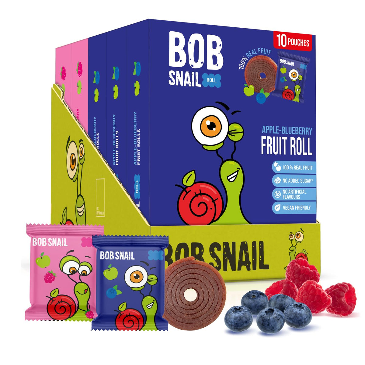 Bob Snail front packaging showing blueberry and raspberry fruit rolls and benefits