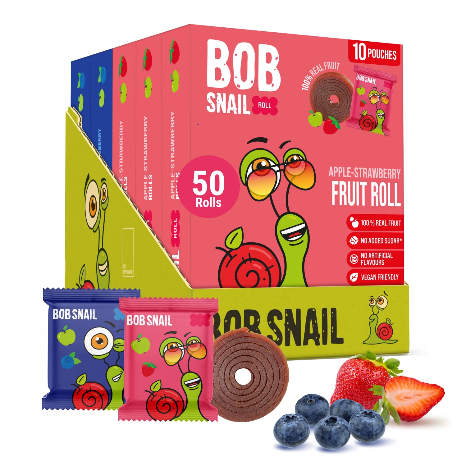 Bob Snail front packaging showing 50-count value pack and berry artwork, convenient bulk snack