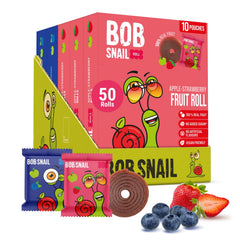 Bob Snail front packaging showing 50-count value pack and berry artwork, convenient bulk snack