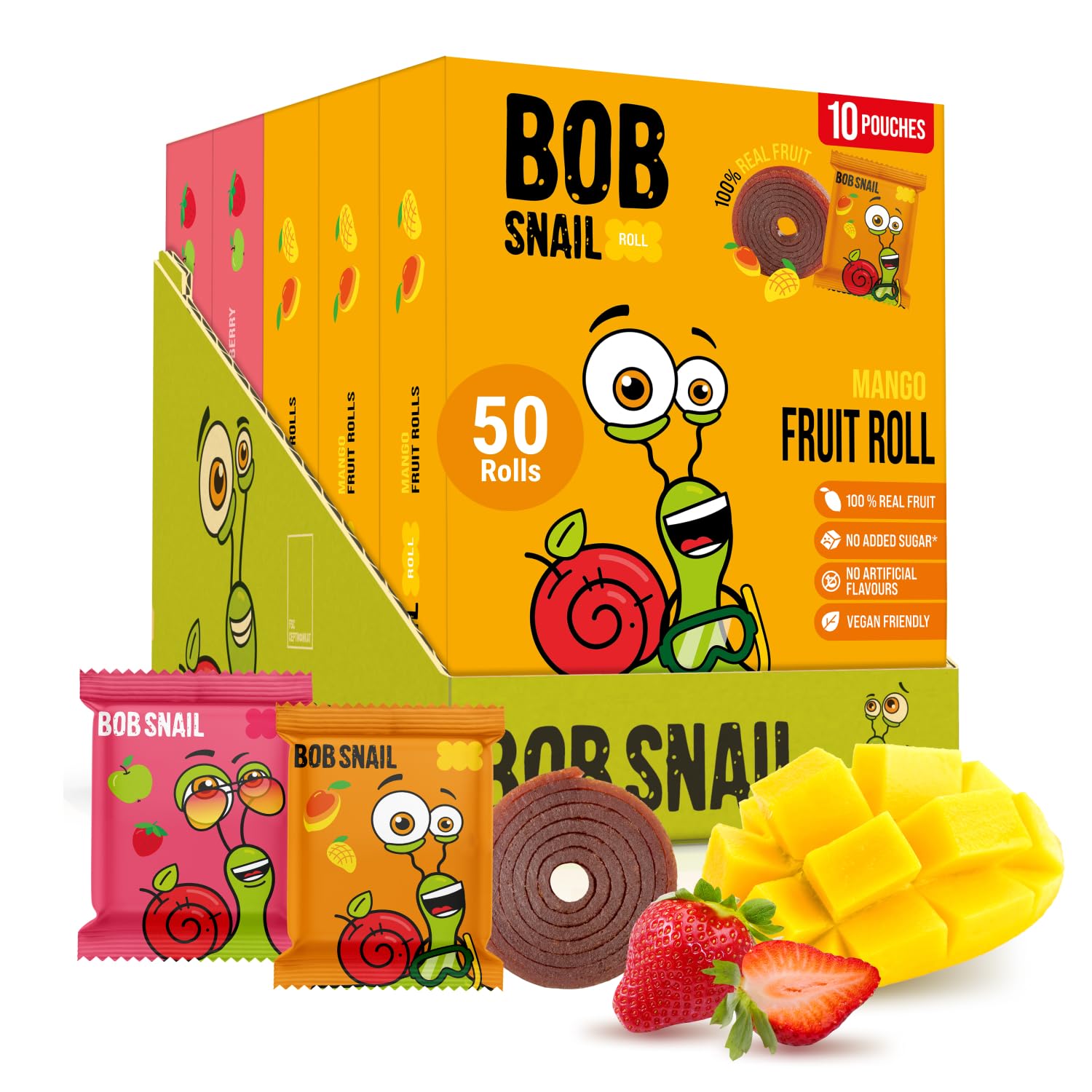Bob Snail front packaging showing 50-count mango and strawberry rolls and family value