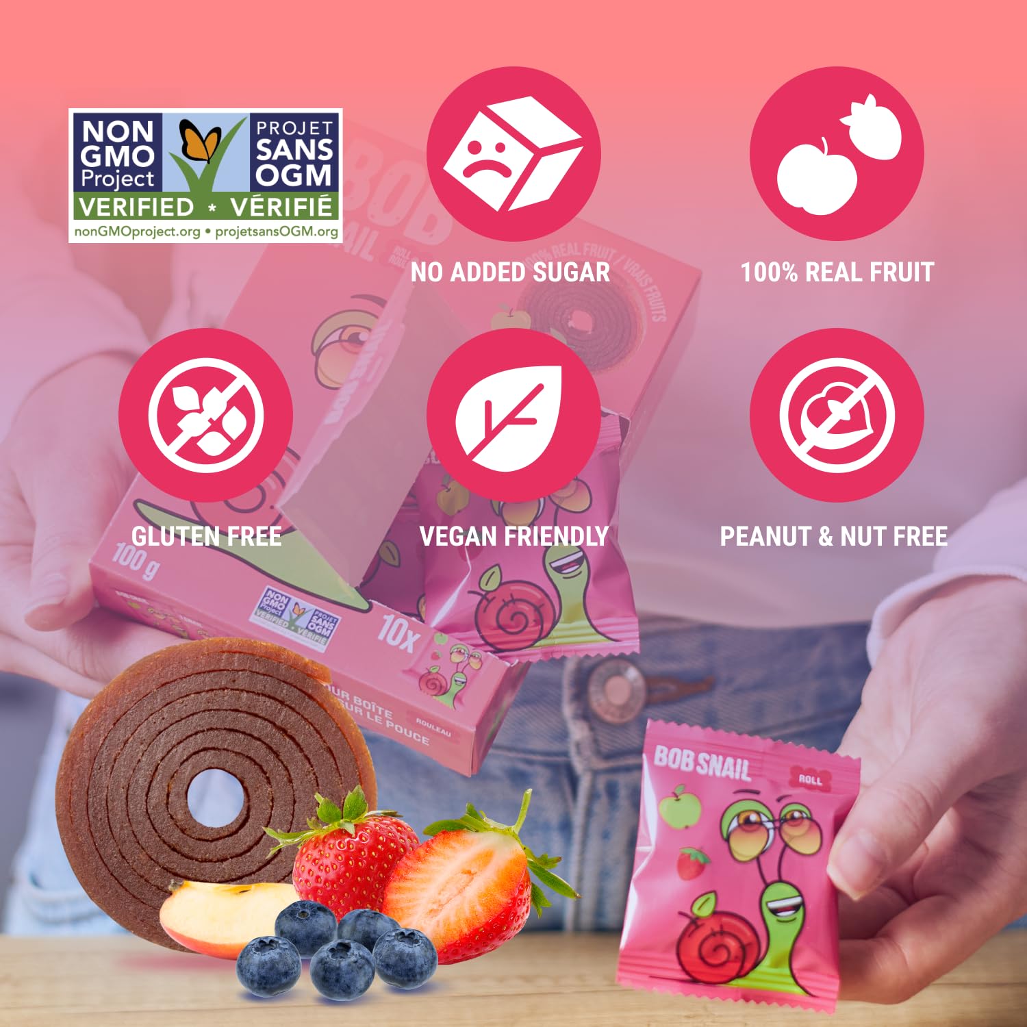 Bob Snail fresh strawberries and blueberries beside product indicating real fruit ingredients