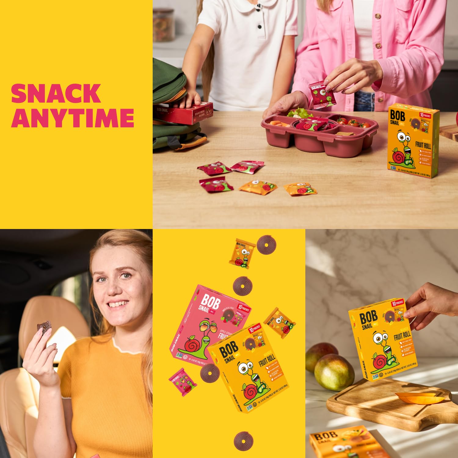 Bob Snail open pack displaying fifty individually rolled snacks for portion control