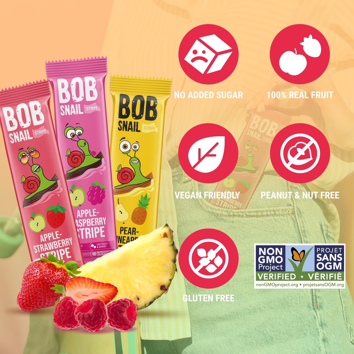 Bob Snail pear pineapple pack layout showing ten strips, offers variety and portion control benefit