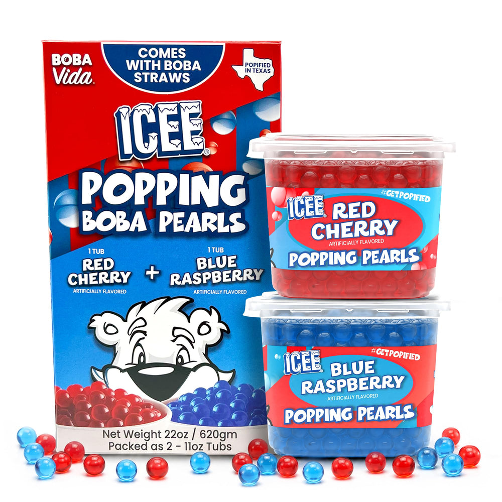 BOBAVIDA front packaging showing red cherry and blue raspberry tubs with clear label and vibrant colors, boosting shelf appeal