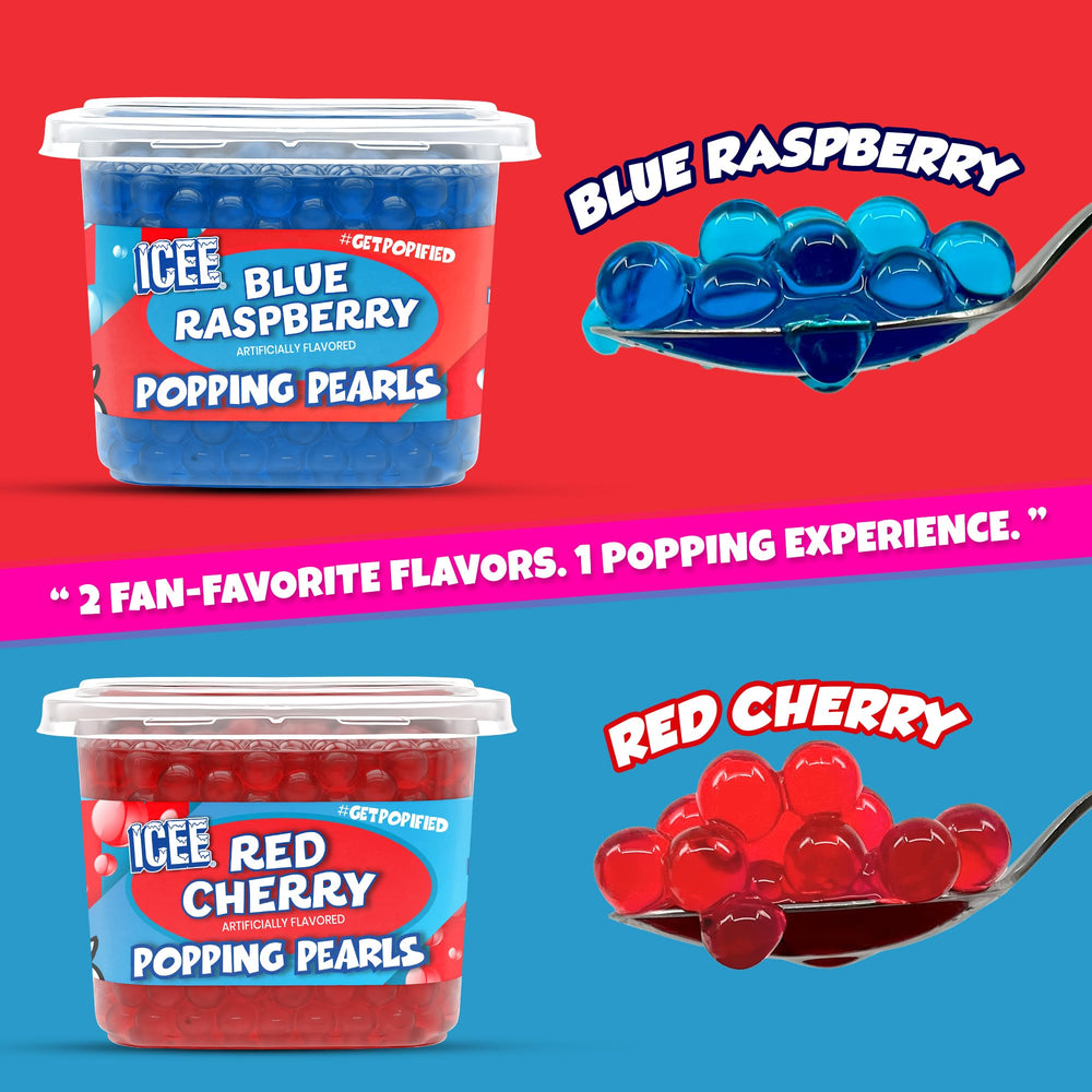 BOBAVIDA open tub displaying red cherry and blue raspberry pearls ready to spoon into drinks for instant flavor