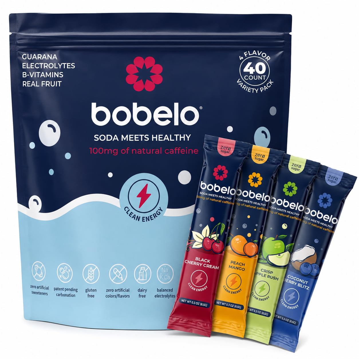 Bobelo front packaging showing four-flavor variety and benefits