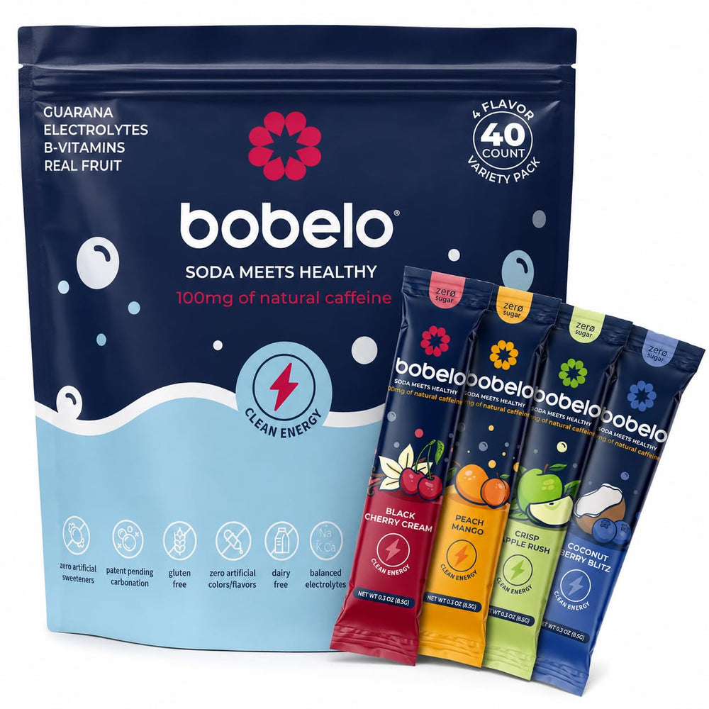 Bobelo front packaging showing four-flavor variety and benefits