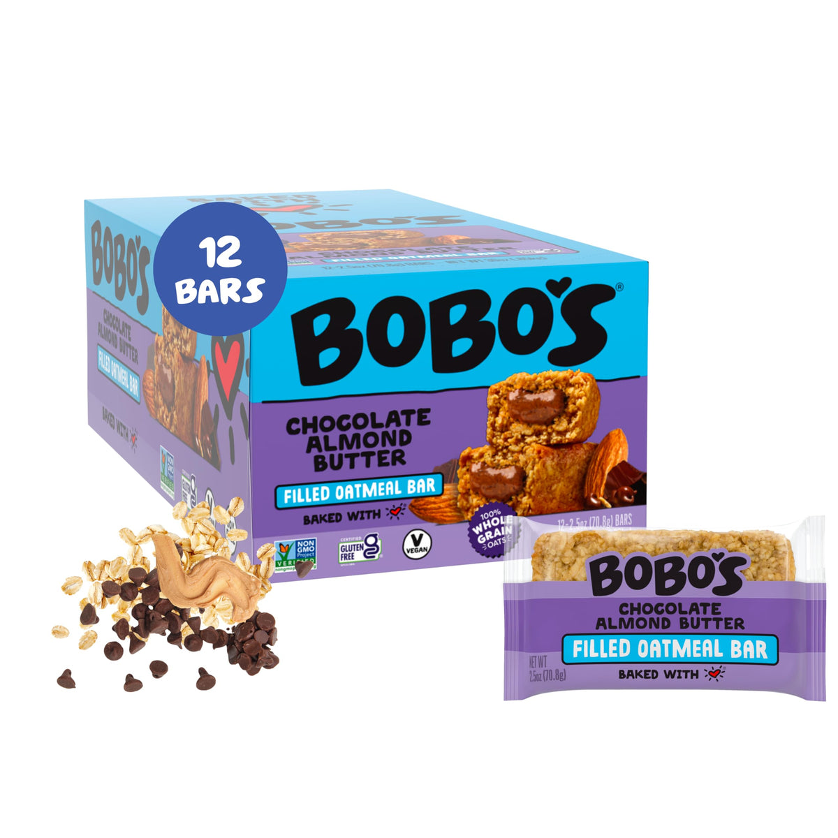 Bobo's front packaging showing chocolate almond bar and benefits
