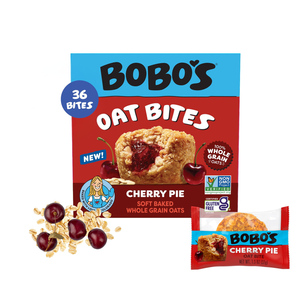 Bobo's front packaging showing Cherry Pie 36-count box and benefits