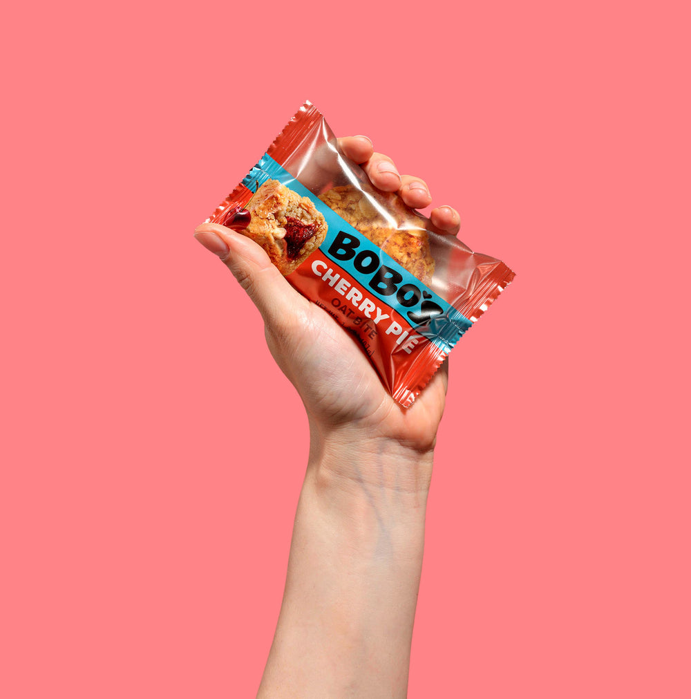 Bobo's bite held in hand to show size and portion-control benefit