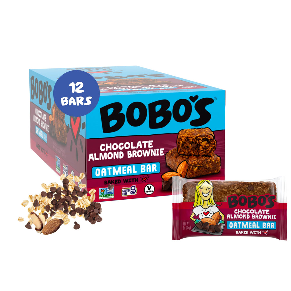 Bobo's front packaging showing Chocolate Almond Brownie bars and convenience