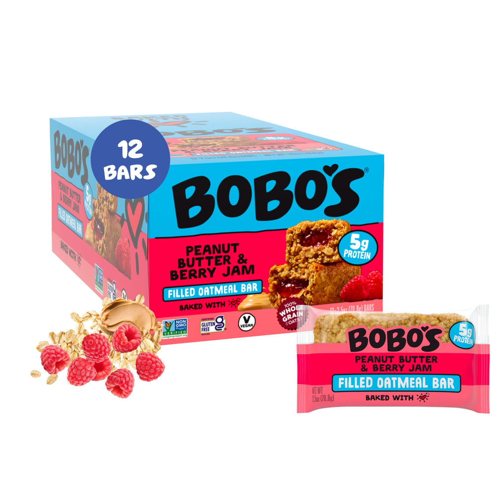 Bobo's front pack showing peanut butter and raspberry jam flavor and portability